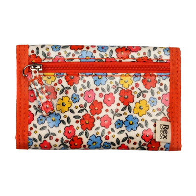 Floral-patterned wallet with red zipper and 'Rex London' branding on a white background