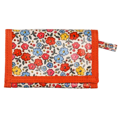 Floral-patterned trifold wallet with red border on a white background