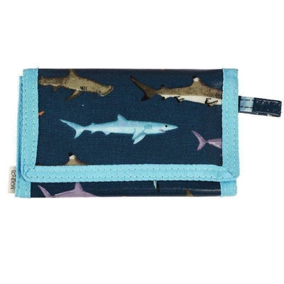 Wallet with shark design on a blue background