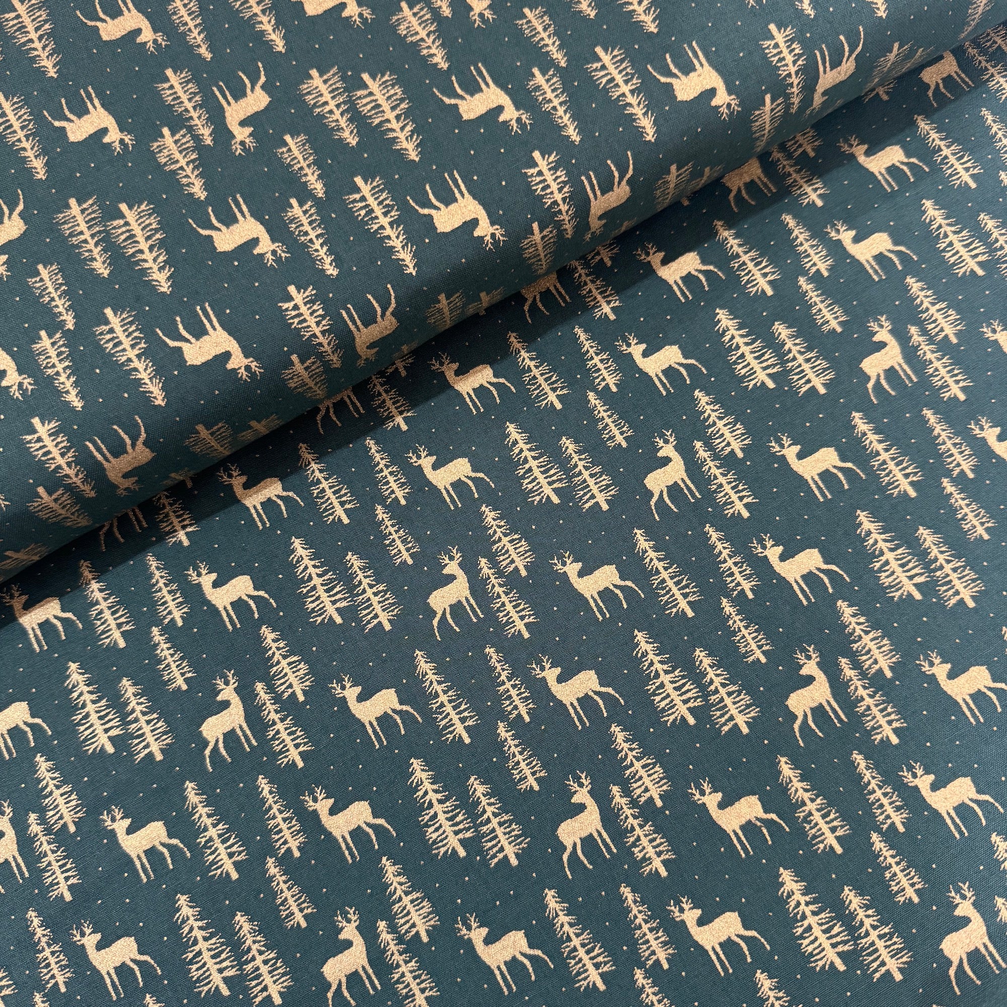 Christmas Gold Deer on Green Cotton Fabric