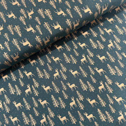 Christmas Gold Deer on Green Cotton Fabric