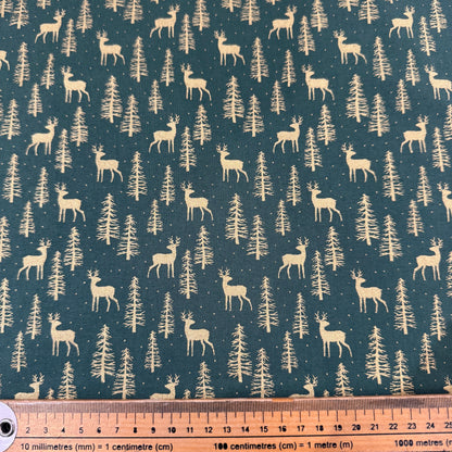 Christmas Gold Deer on Green Cotton Fabric