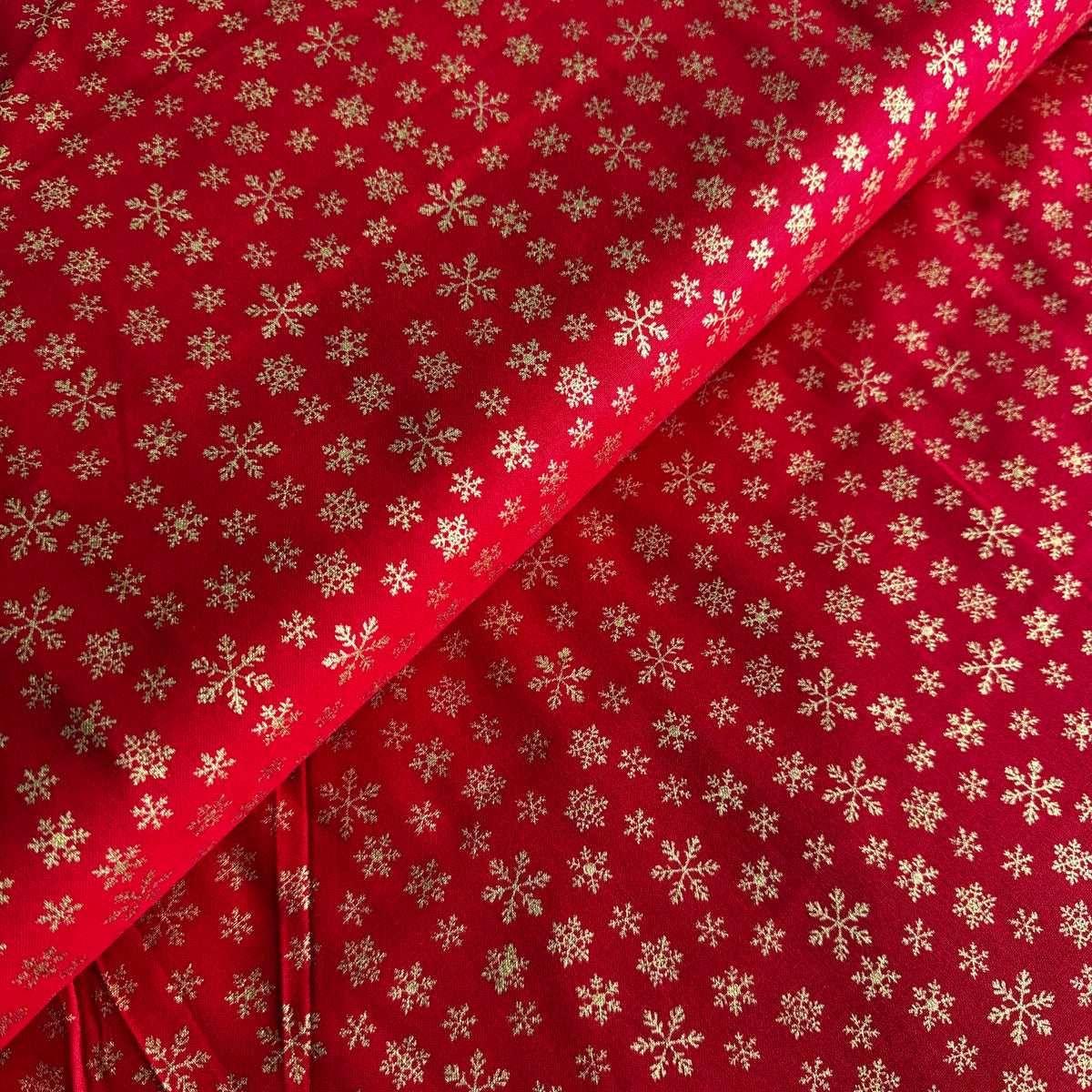 John Louden Christmas Gold Snowflakes on Red Cotton Fabric at Bibelot Leek