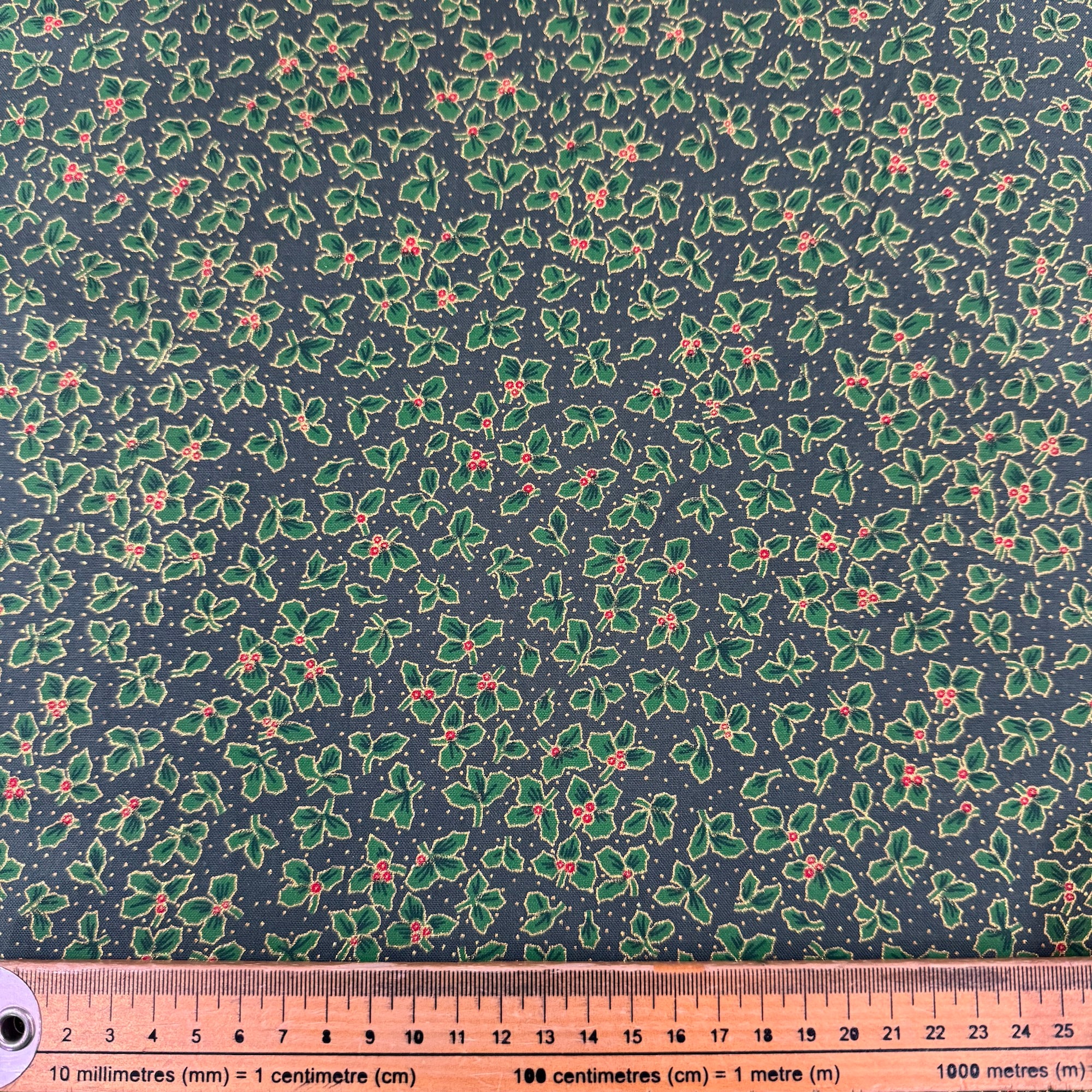 Christmas Holly & Berries Green Cotton Fabric