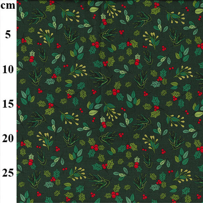 Christmas Holly, Berries & Leaves on Green Cotton Fabric 