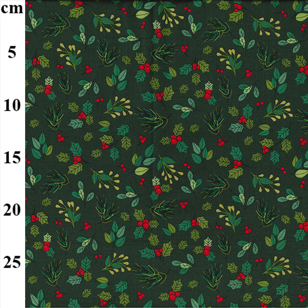 Christmas Holly, Berries & Leaves on Green Cotton Fabric 