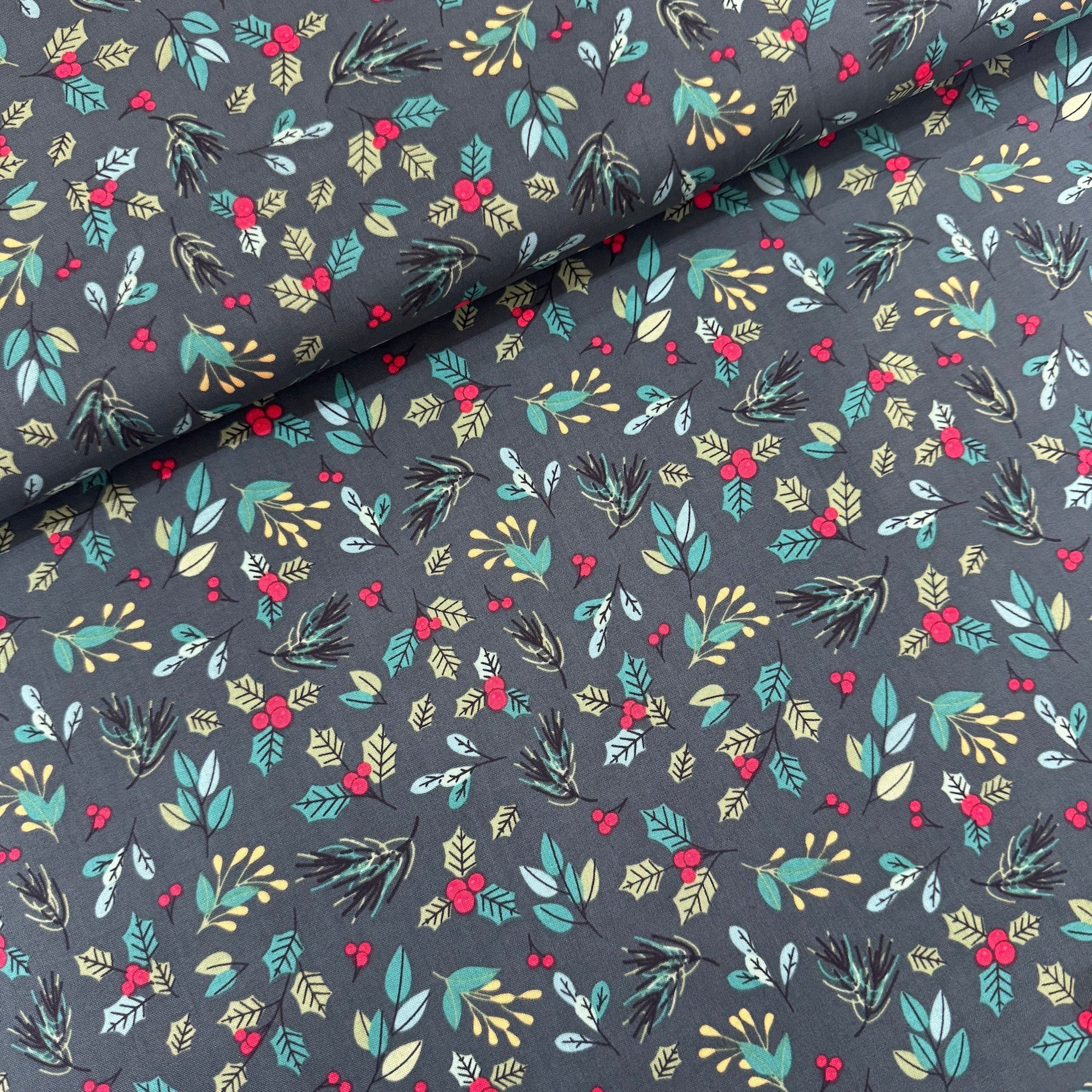 Christmas Holly, Berries & Leaves on Green Cotton Fabric