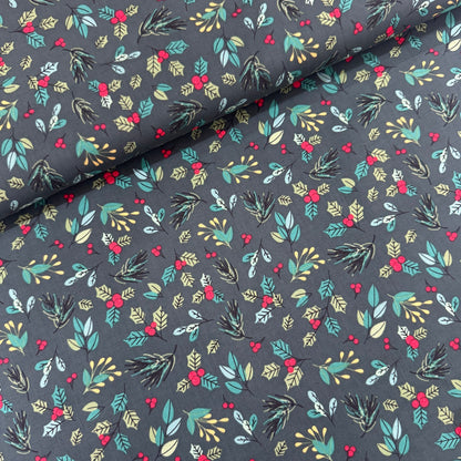 Christmas Holly, Berries & Leaves on Green Cotton Fabric