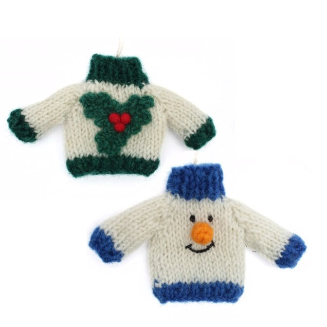 Amica Felt fair trade Christmas Knitted Jumper - Snowman and Holly Sprig decoration