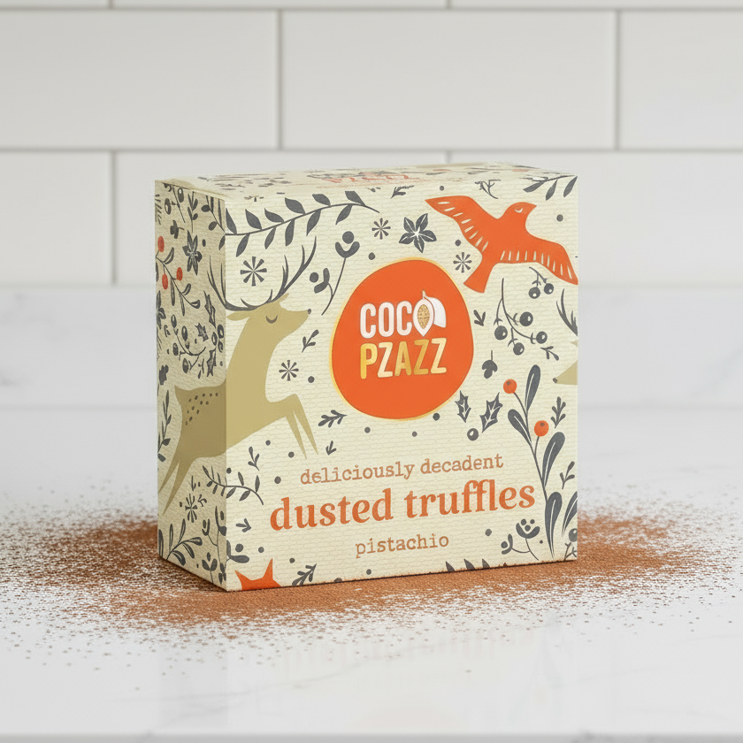 Box of Coco Pazzz pistachio dusted truffles on a white surface with a white tiled wall background.