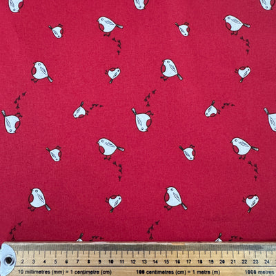 John Louden Christmas Robins on Red Cotton Fabric at Bibelot Leek