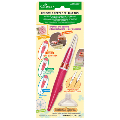 Clover pen-style needle felting tool packaging with pink tool and yellow background
