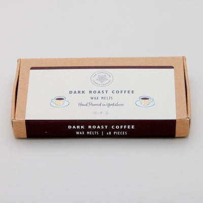 Box of dark roast coffee wax melts on a light gray background