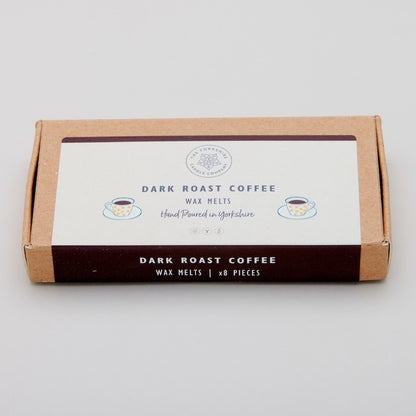 Box of dark roast coffee wax melts on a light gray background