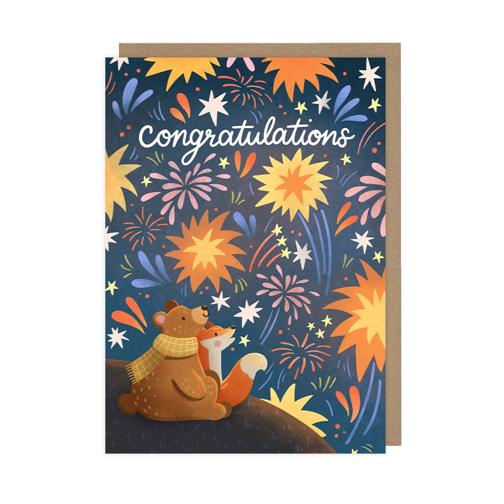 Greeting card with bears and fireworks design on a blue background
