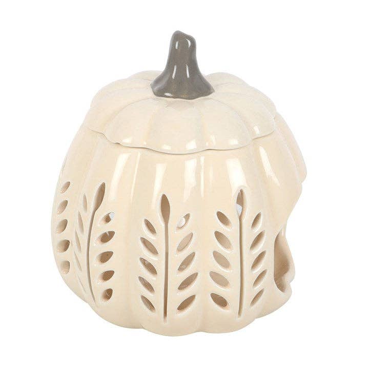 Ceramic pumpkin-shaped container with a gray lid on a white background