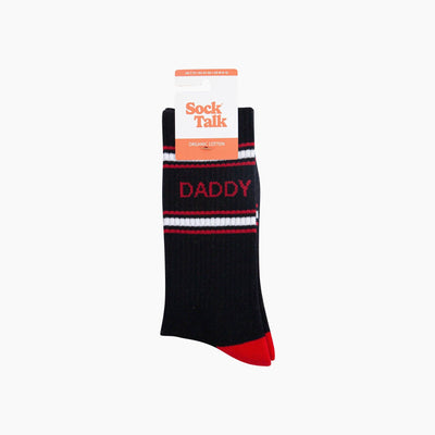 Black sock with 'DADDY' text on a white background
