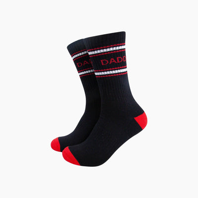 Black socks with red accents and text on a white background