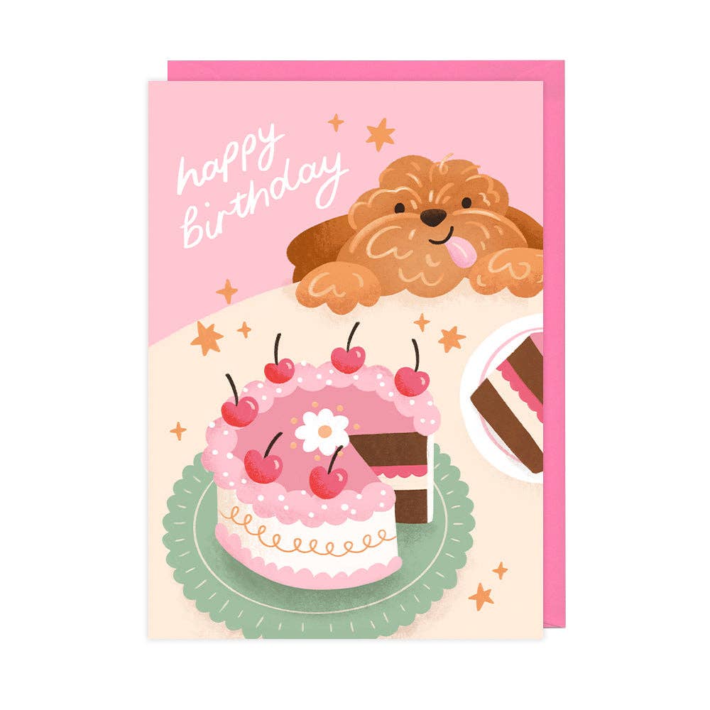 Birthday card with a dog peeking over a cake illustration on a pink background