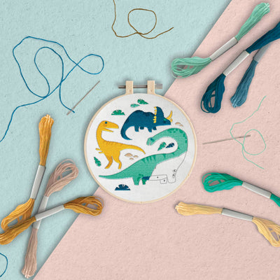 Embroidery hoop with dinosaur design surrounded by embroidery threads and tools on a light blue and pink background