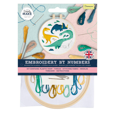 Embroidery by numbers kit with dinosaur design on packaging