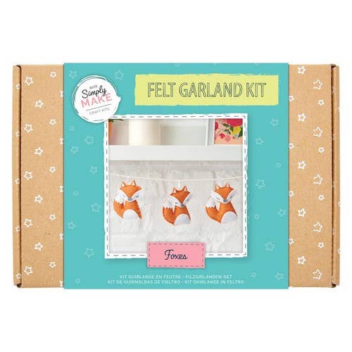 Felt garland kit packaging with fox designs on a white background