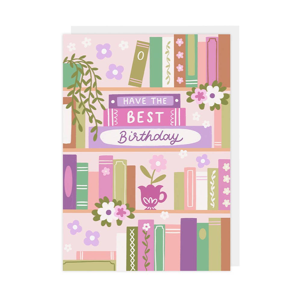 Greeting card with bookshelf design and 'Have the Best Birthday' text on a white background