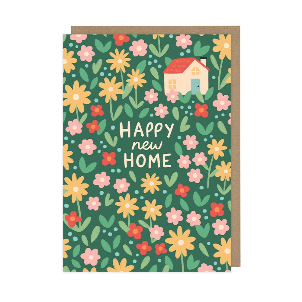 Greeting card with floral design and 'Happy New Home' text on a green background