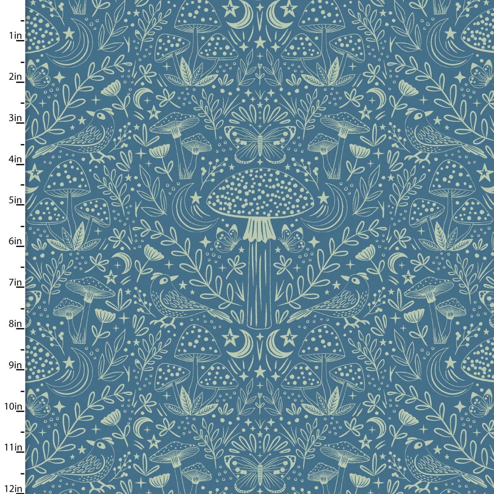 Fabric with nature-themed pattern including mushrooms, leaves, and butterflies on a blue background.