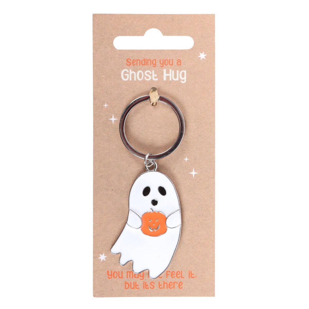 Ghost-shaped keychain on a brown card with text