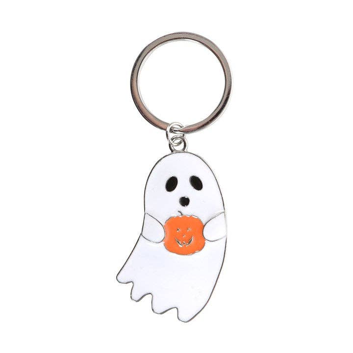 Ghost keychain with a pumpkin on a white background