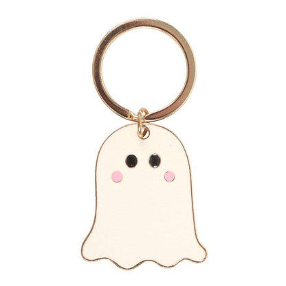 Ghost-shaped keychain with a gold ring on a white background