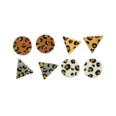 Set of geometric earrings with leopard print pattern on a white background