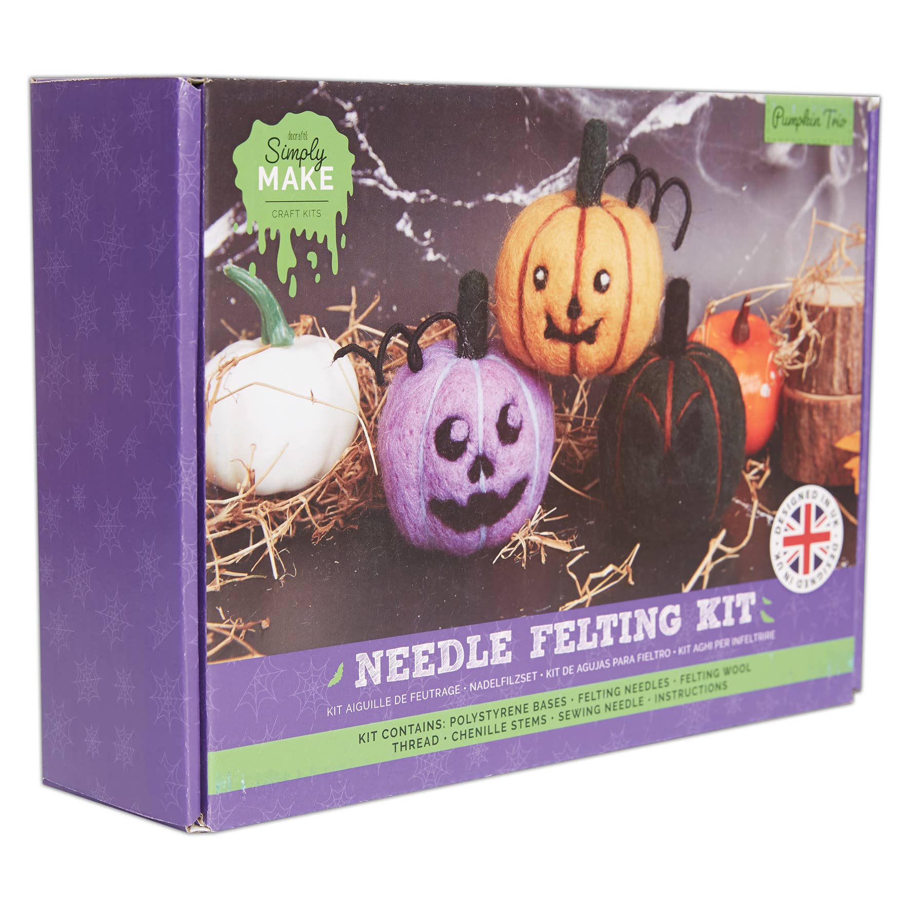 Box of a needle felting kit with Halloween-themed pumpkins on a purple background.