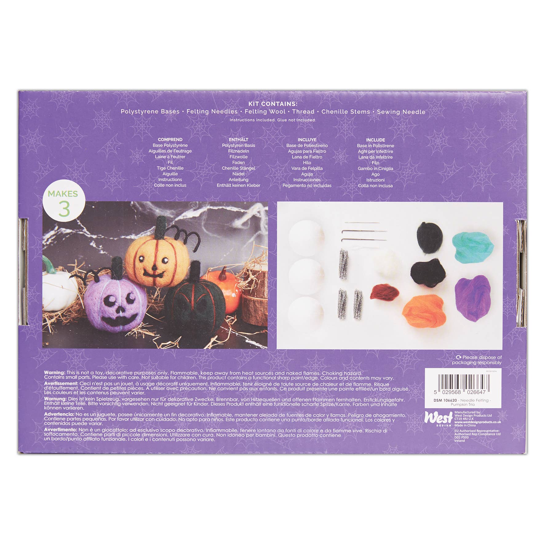 Back of a craft kit packaging with Halloween-themed items and materials listed.