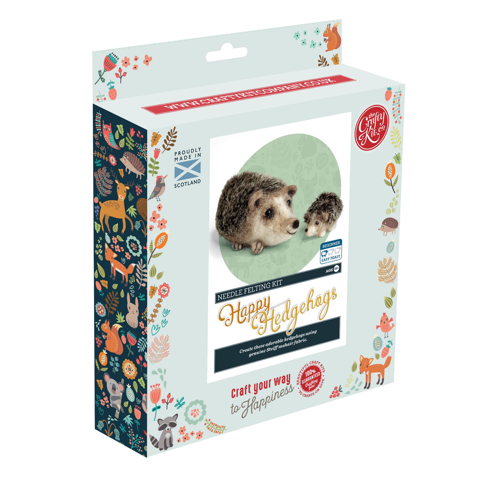 Boxed needle felting kit with hedgehog design on a white background