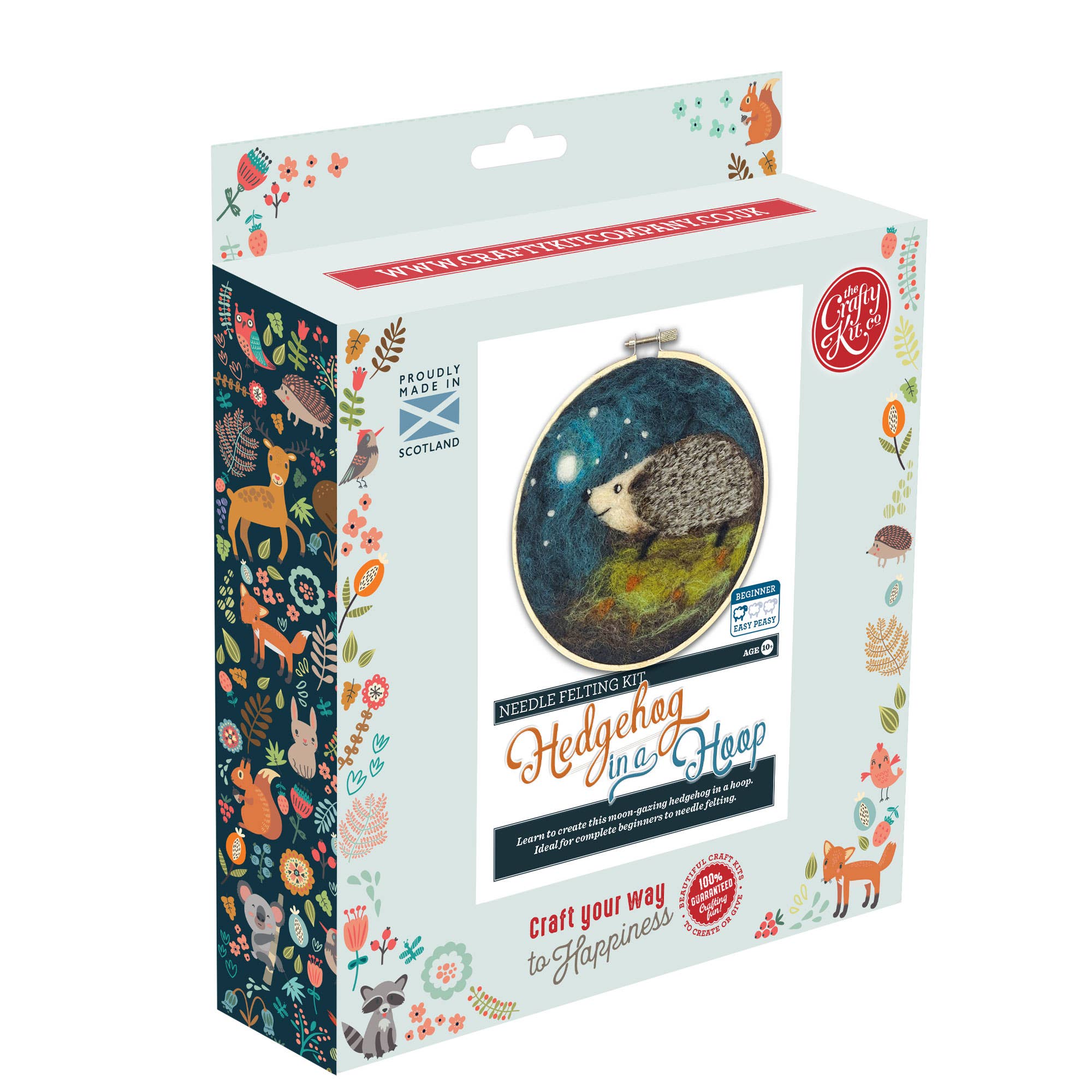 Packaging of a needle felting kit featuring a hedgehog design on a white background