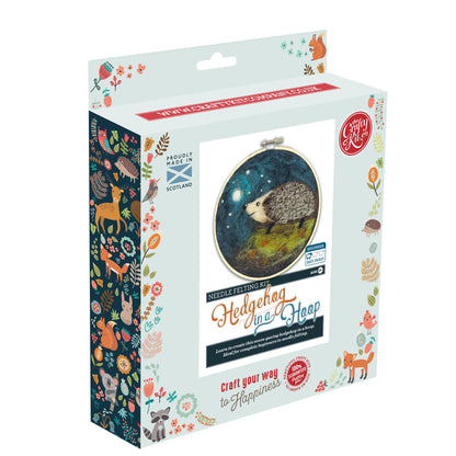 Packaging of a needle felting kit featuring a hedgehog design on a white background