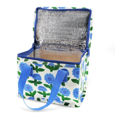 Floral-patterned insulated lunch bag with blue handles on a white background