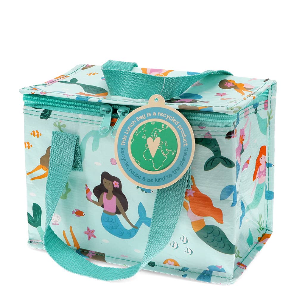 Reusable shopping bag with mermaid design and recycling label on a light blue background