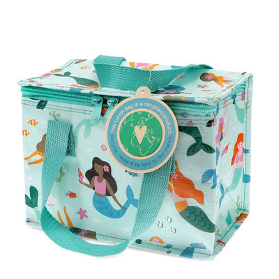 Reusable shopping bag with mermaid design and recycling label on a light blue background