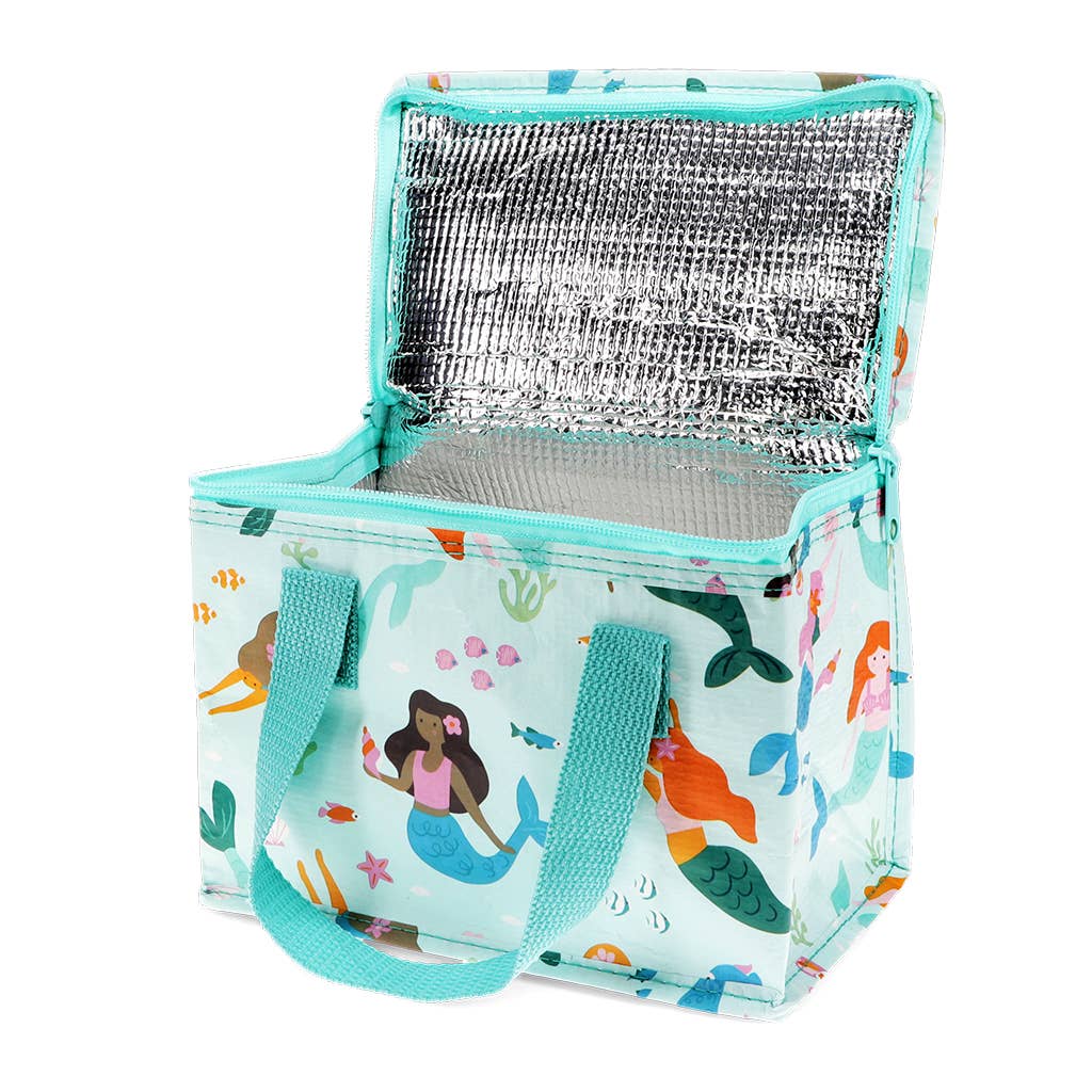 Insulated lunch bag with mermaid design on a white background