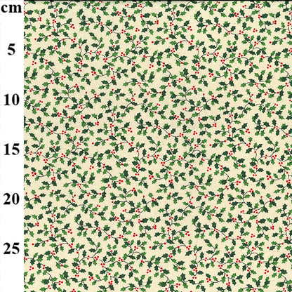 Christmas Holly Branches on Cream Cotton Fabric