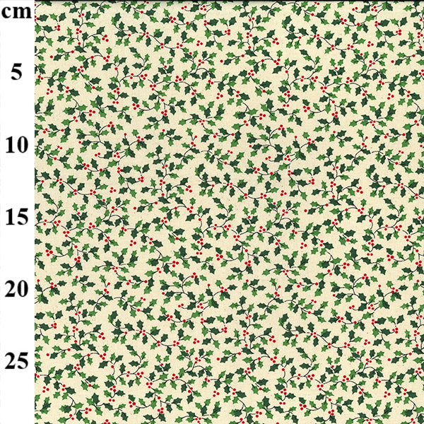 Christmas Holly Branches on Cream Cotton Fabric