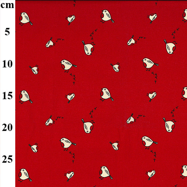 Christmas Robins on Red Cotton Fabric