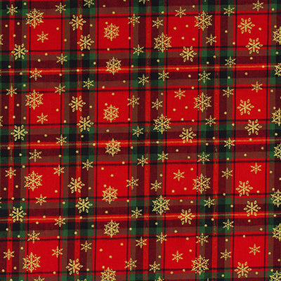 John Louden Christmas Red Tartan with Gold Stars Cotton Fabric at Bibelot Leek
