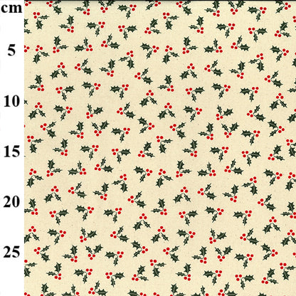 Christmas Holly & Berries on Cream Cotton Fabric