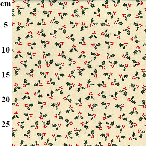 Christmas Holly & Berries on Cream Cotton Fabric