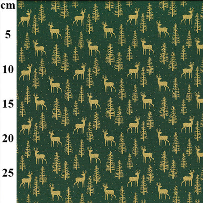 Christmas Gold Deer on Green Cotton Fabric