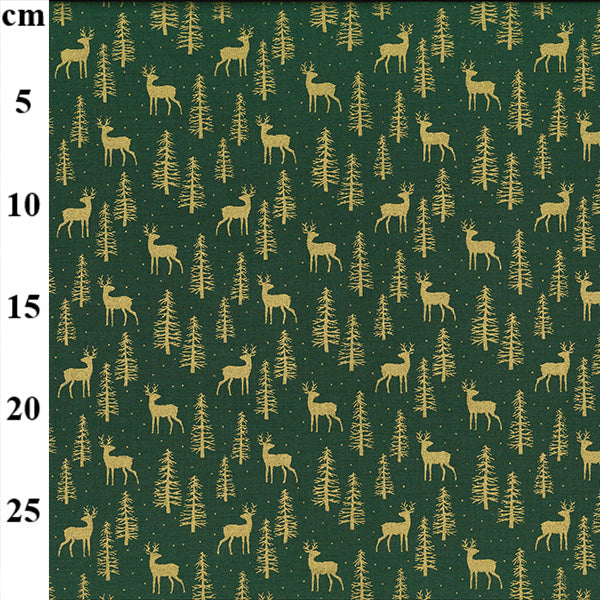 Christmas Gold Deer on Green Cotton Fabric